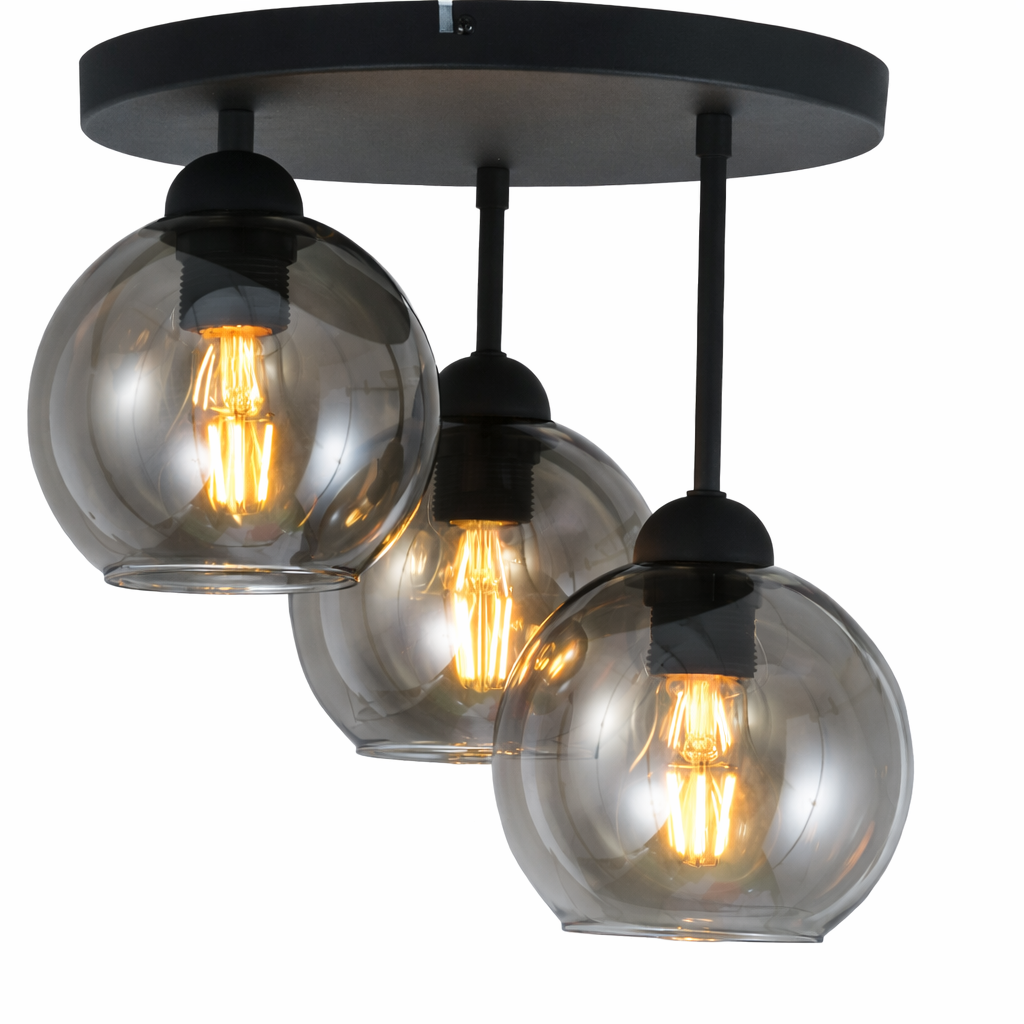 Loftlampe industriel 3-lamper røgkugle sort stue
