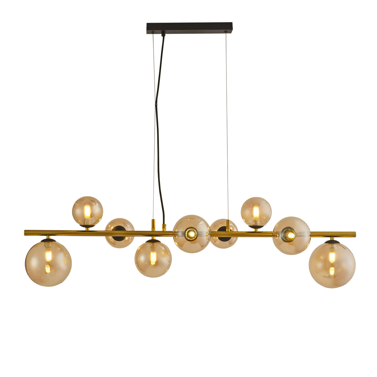 Gouden hanglamp met amber glazen bollen – 9-lichts hanglamp met lange plafondplaat
