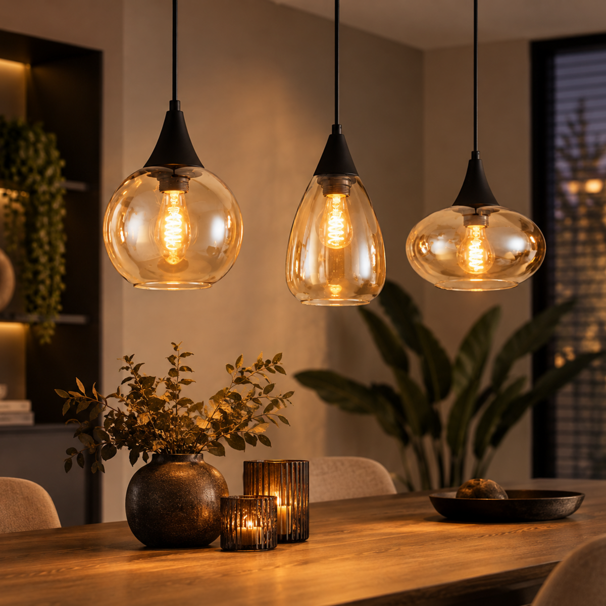 Hanglamp langwerpig Amberglas 3-Lichts – Zwart met E27 Fittingen