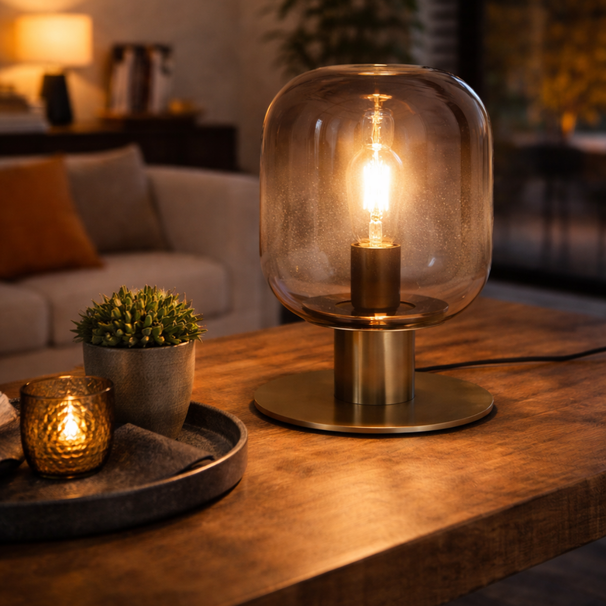Laura bordlampe - Messing med røgfarvet glas
