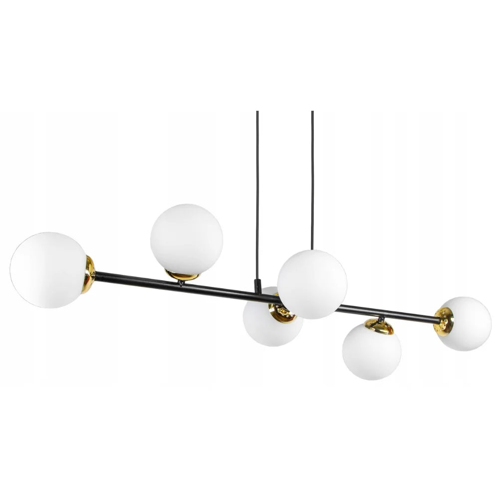 hanglamp 6 lampen witte bol zwart goud boven eettafel