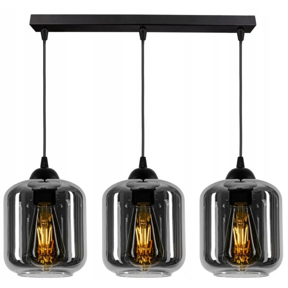Industriële hanglamp zwart rookglas boven eettafel