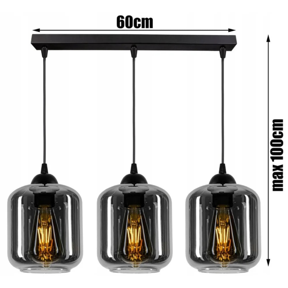 Industriële hanglamp zwart rookglas boven eettafel