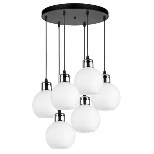 witte bol hanglamp met zes glazen bollen voor woonkamer