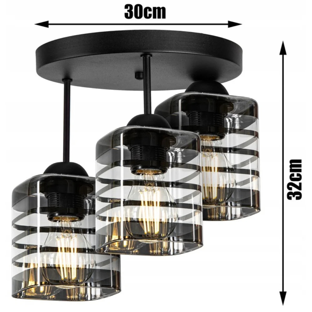 plafondlamp industrieel 3-lamps met glasstroken zwart