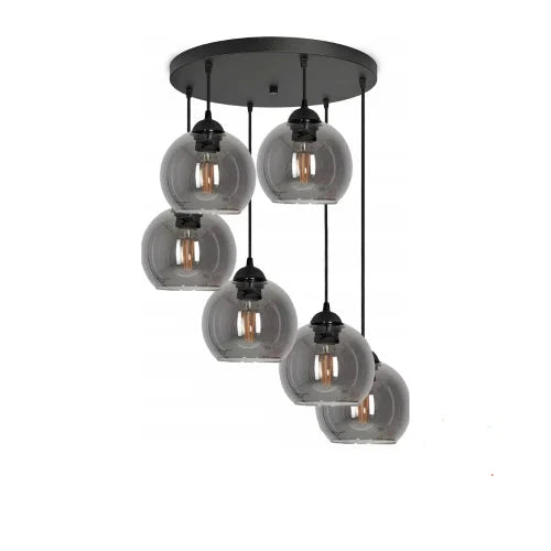 Hanglamp glas amber met 6 smoke bollen boven eetkamer