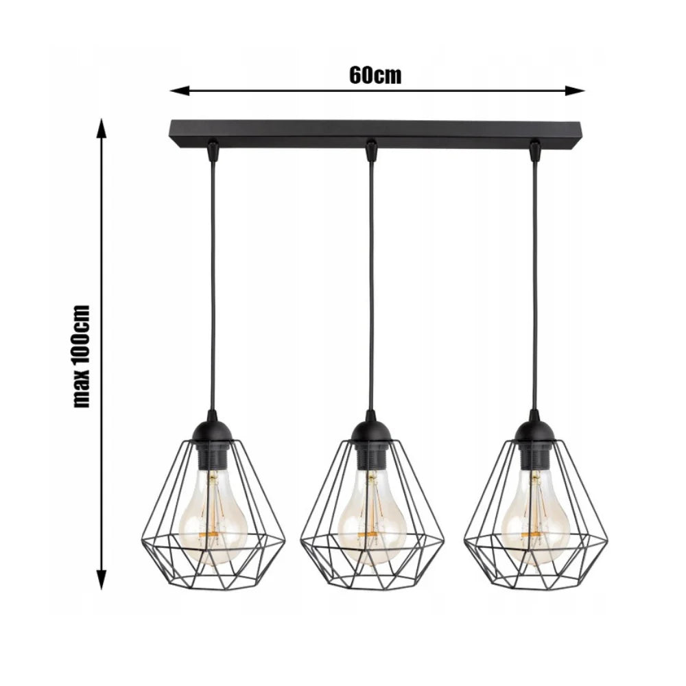 Hanglamp 3-lichts zwart met draadkappen voor woonkamer