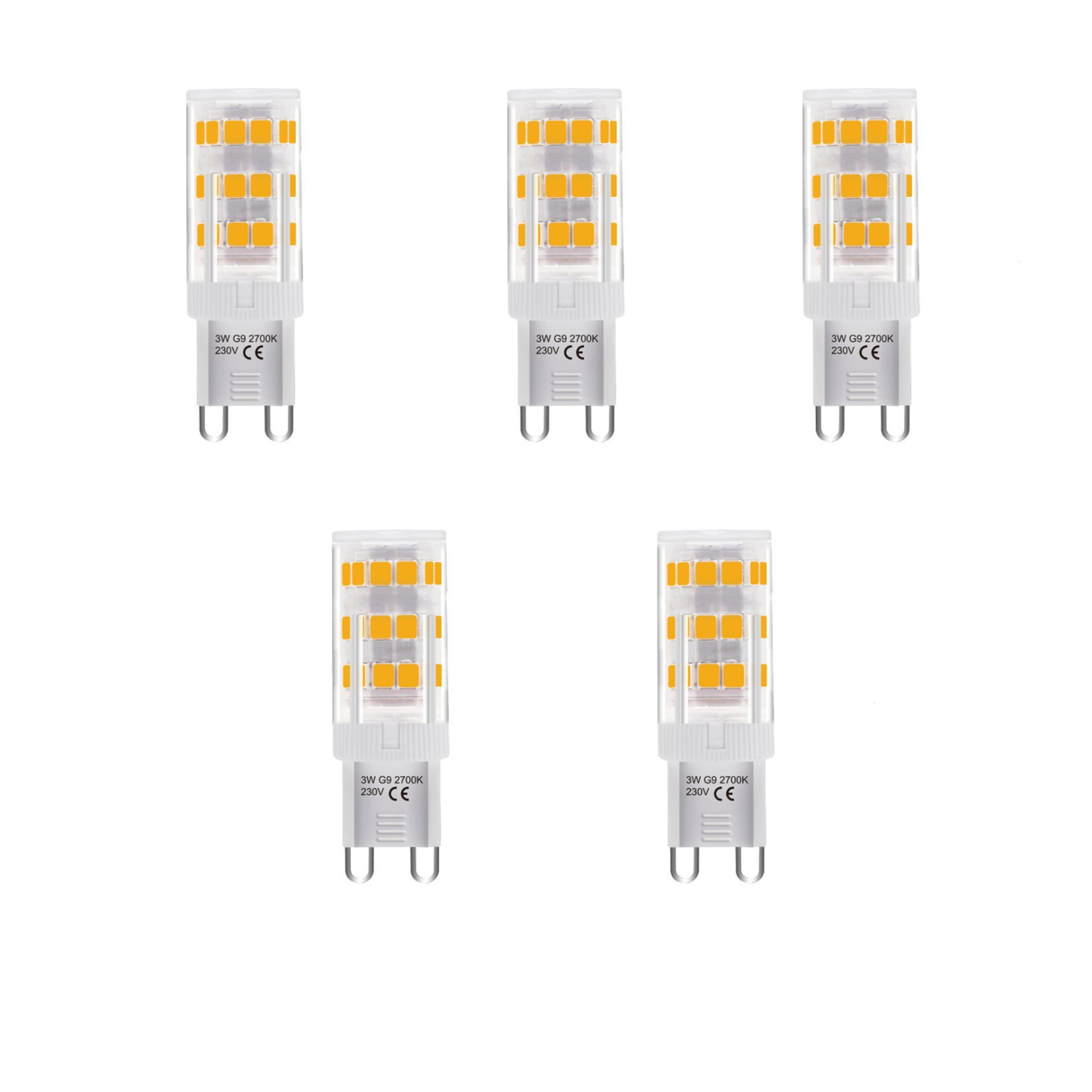 Sæt med 5 G9 LED-pærer – 3-trins, 3W, 250 lm, varm hvid 2700K