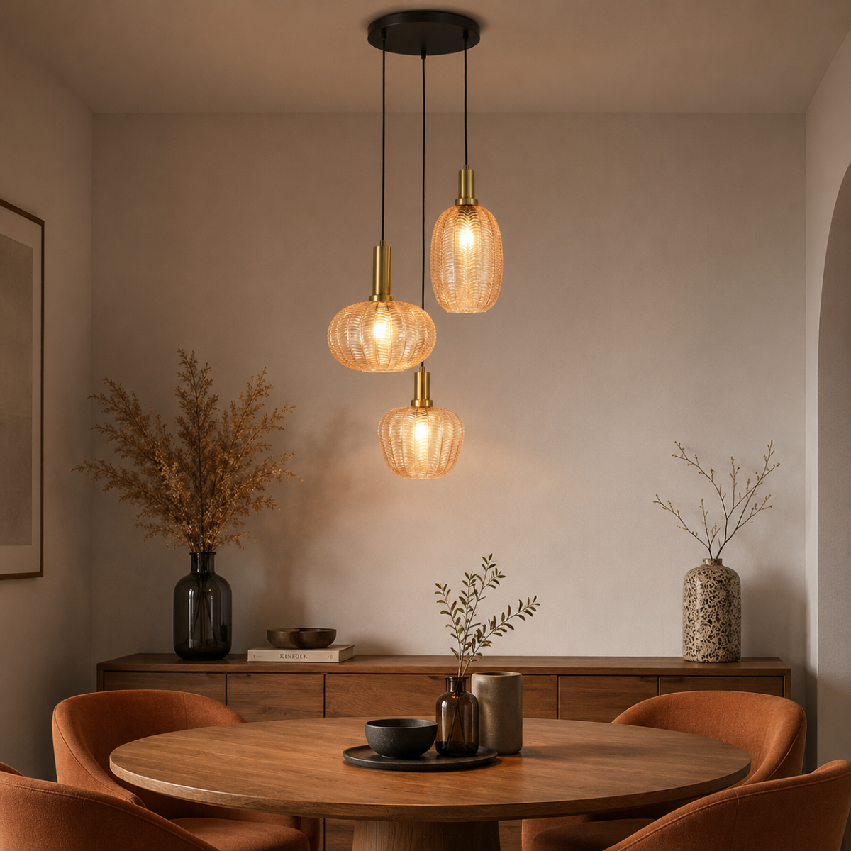 Pendellampe Sort med Messing og Ravfarvet Glas – 3 Lyskilder - Liva