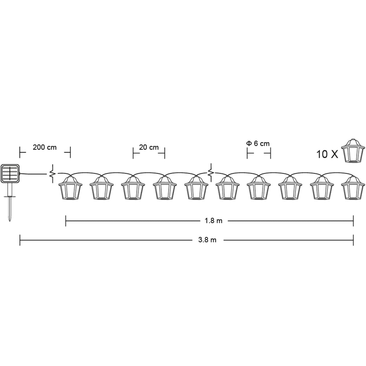 10x LED-lanterner – 3,8m – Varm hvid 3000K – Dekorative og vejrbestandige