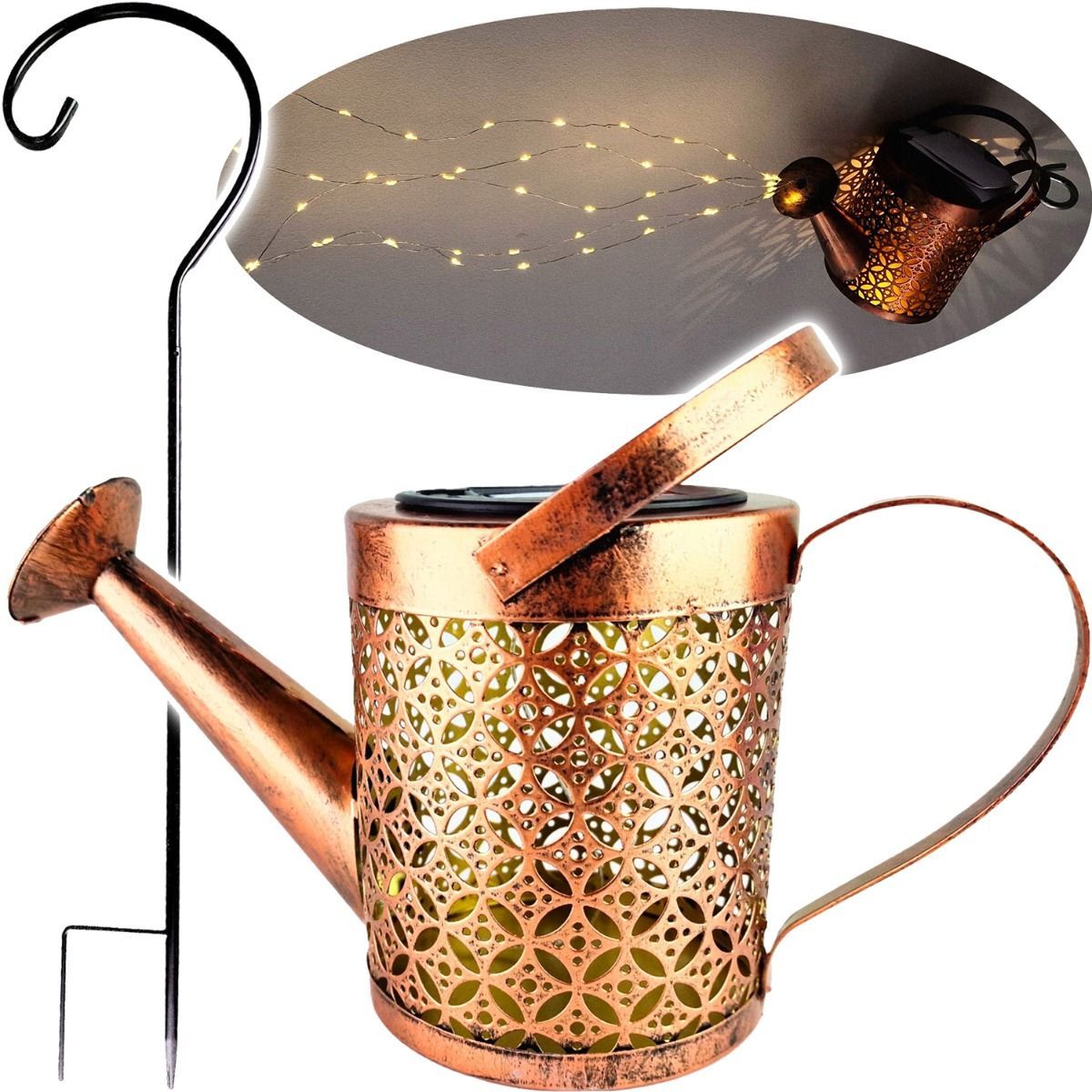 Solcelledrevet LED-havelampe – vandkandedesign, kobberfarve, IP44, 3000K varm hvid