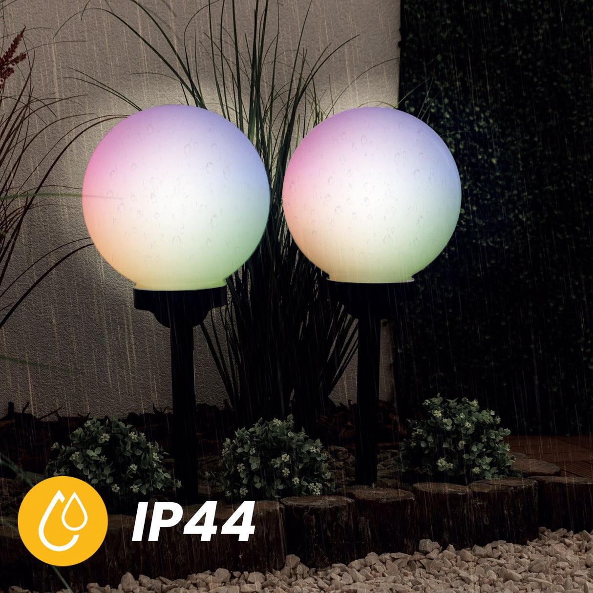 Solcelledrevet LED-havelampe – Hvid kugle 25 cm – Jordmontering – Farvet