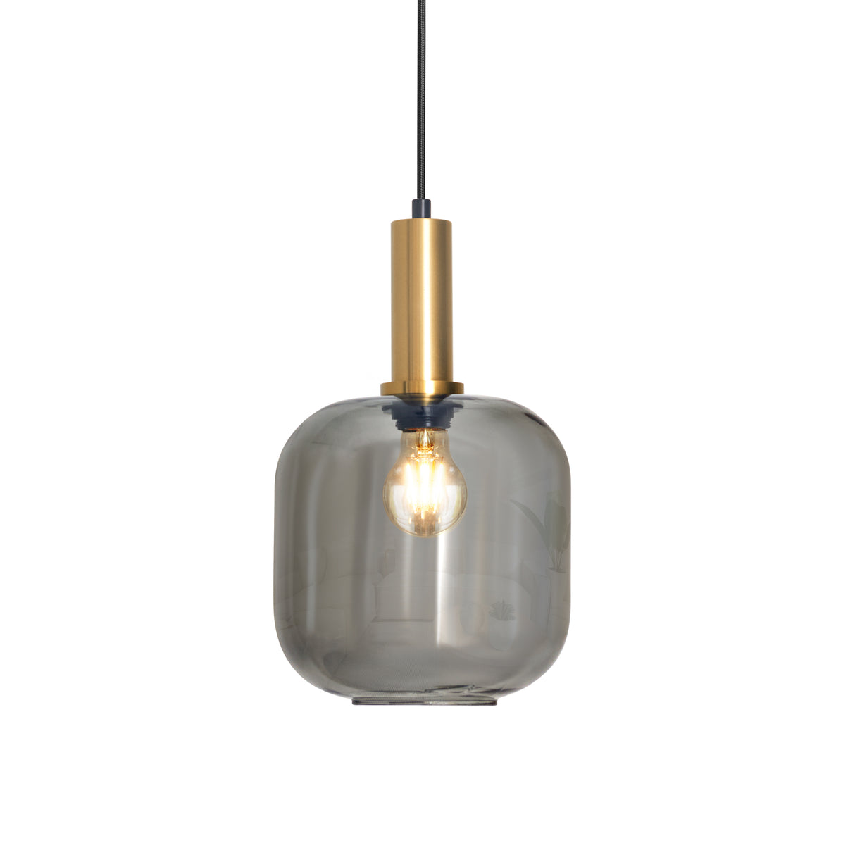 Design pendellampe messing med røgfarvet glas