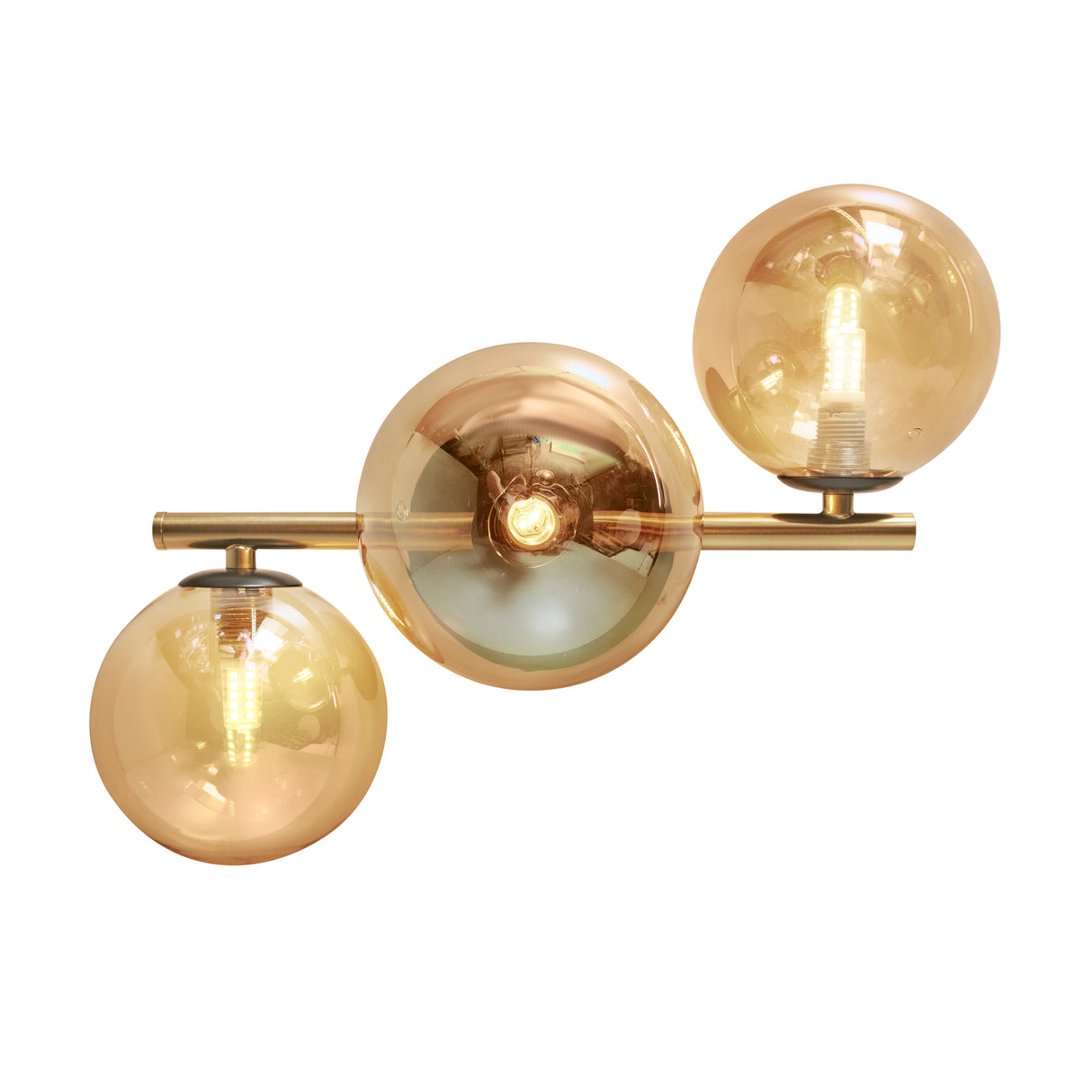 Guld loftslampe med 3 ravgule glaskugler