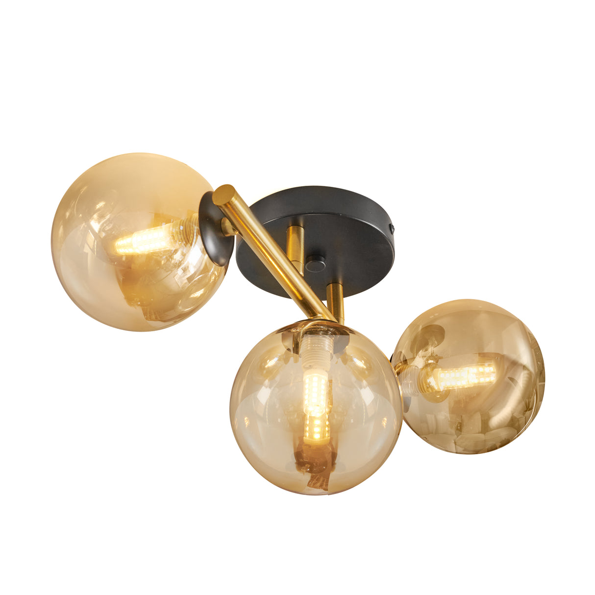 Guld loftslampe med 3 ravgule glaskugler