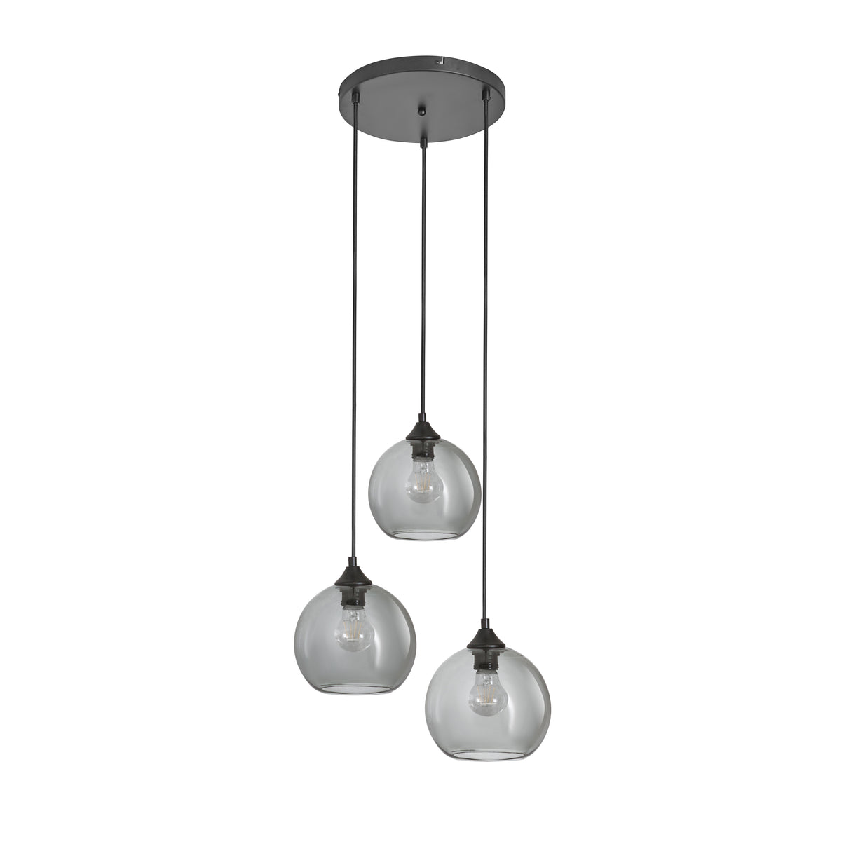 Pendellampe med 3 lyskilder, kugleformet, røget glas, industriel, stue, spisestue, røget sort, grå