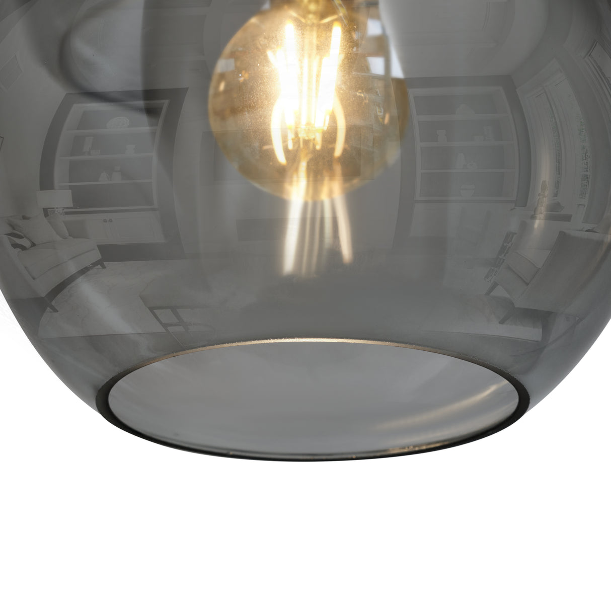 Pendellampe med 3 lyskilder, kugleformet, røget glas, industriel, stue, spisestue, røget sort, grå