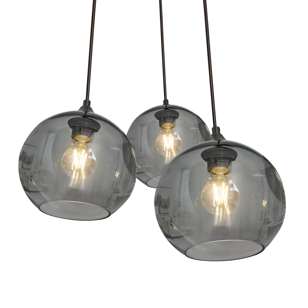 Pendellampe med 3 lyskilder, kugleformet, røget glas, industriel, stue, spisestue, røget sort, grå
