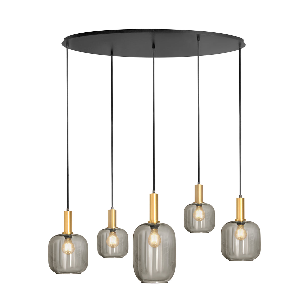 Oval pendellampe – sort med gulddetaljer og røget glas, 5-lampe