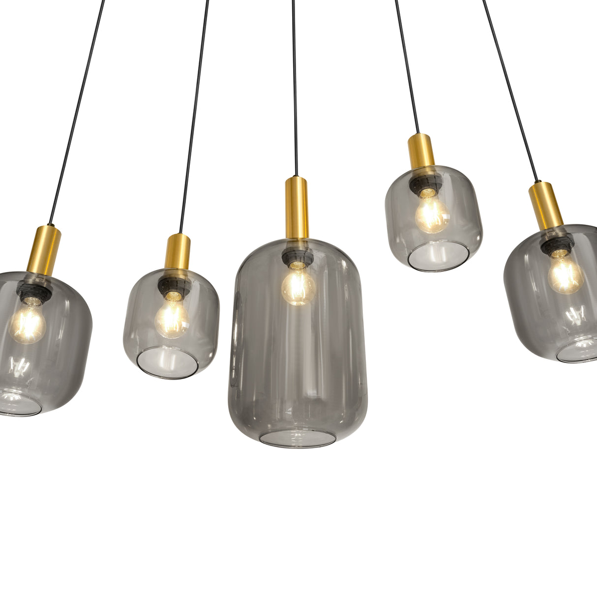 Oval pendellampe – sort med gulddetaljer og røget glas, 5-lampe