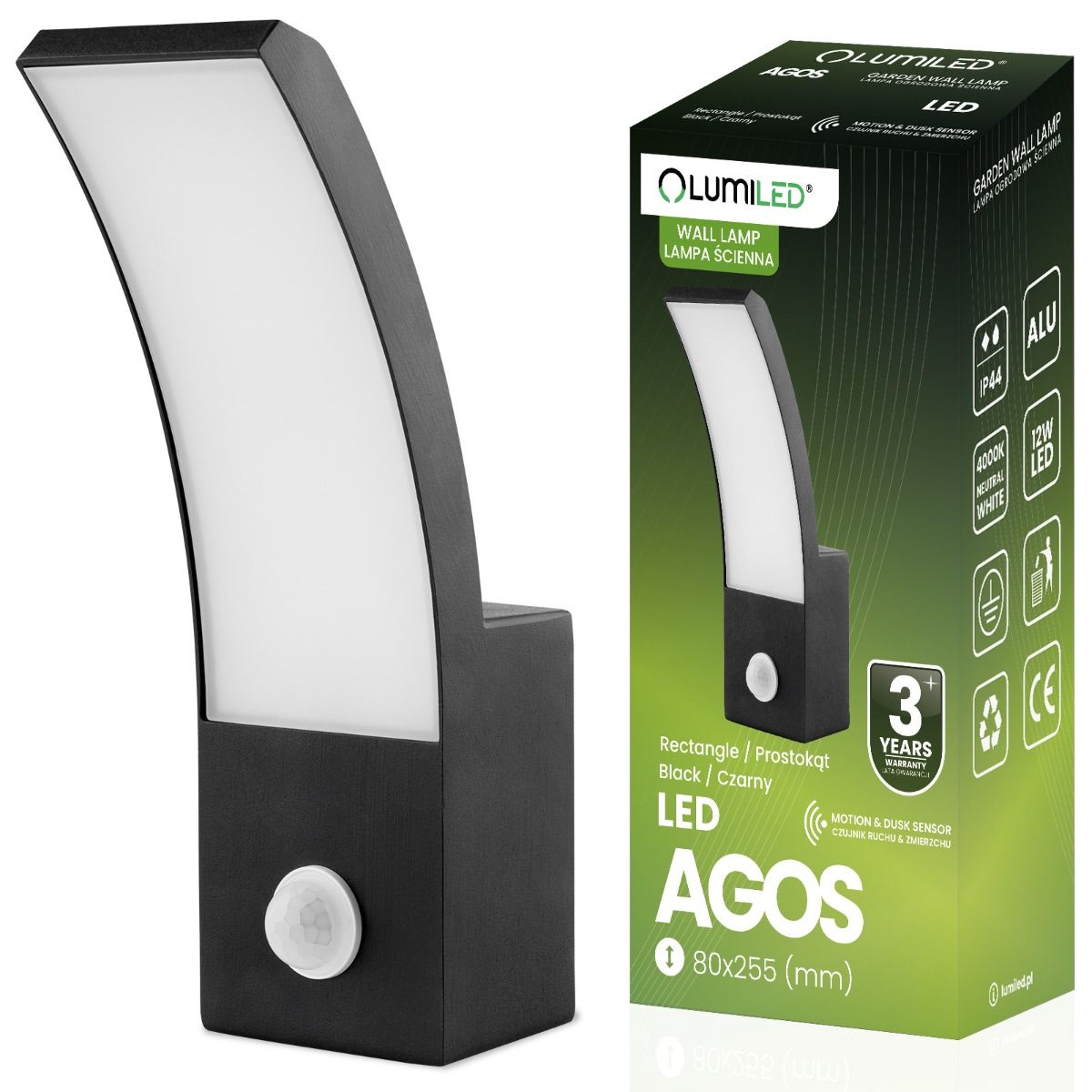 LED udendørs væglampe med bevægelsessensor – 12W facadelampe, 4000K dagslysfarve