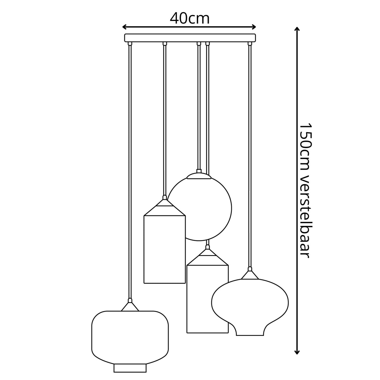 Hængelampe med 5 lys i mix | Røget glas | Industriel | Stue | Spisestue | Røget | Sort