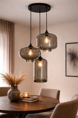Pendellampe 3-lys blandet røgfarvet glas industriel stue spisestue røgfarvet sort