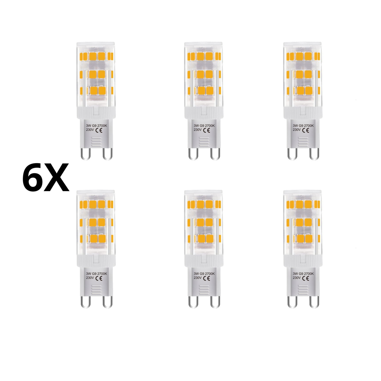 Sæt med 6 G9 LED-pærer – 3-trins, 3W, 250 lm, varm hvid 2700K