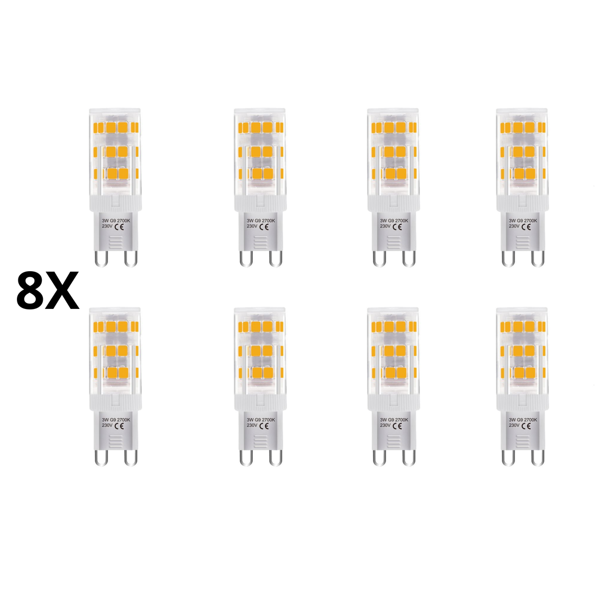 Sæt med 8 G9 LED-pærer – 3-trins, 3W, 250 lm, varm hvid 2700K