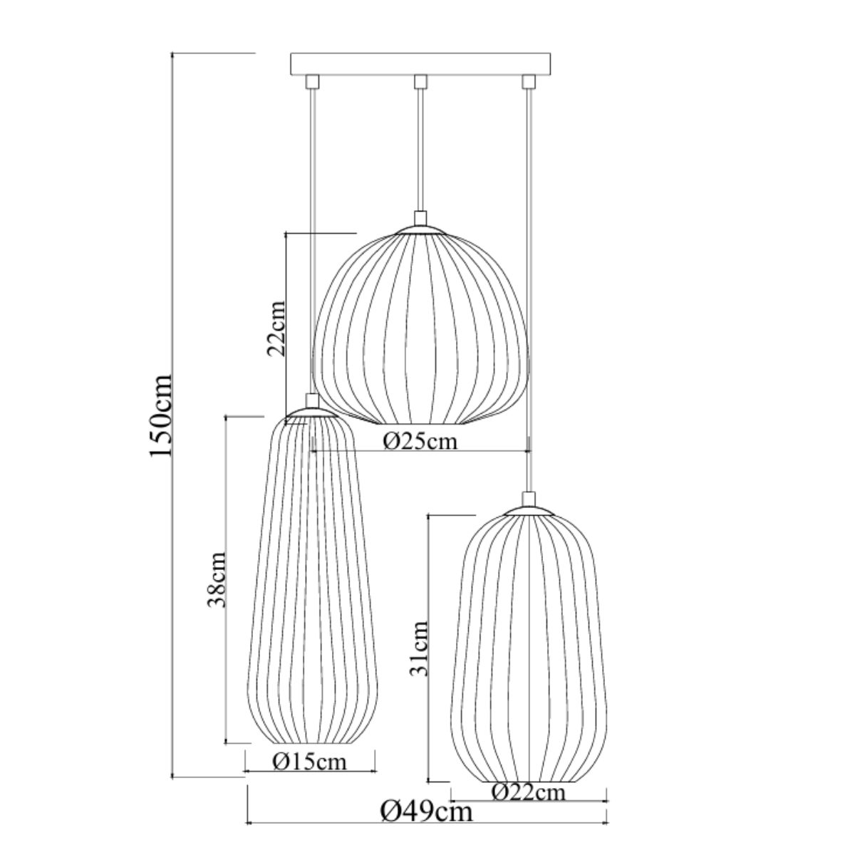 Hængelampe Sort Ribbet Røget Glas – 3 Lys - Arno