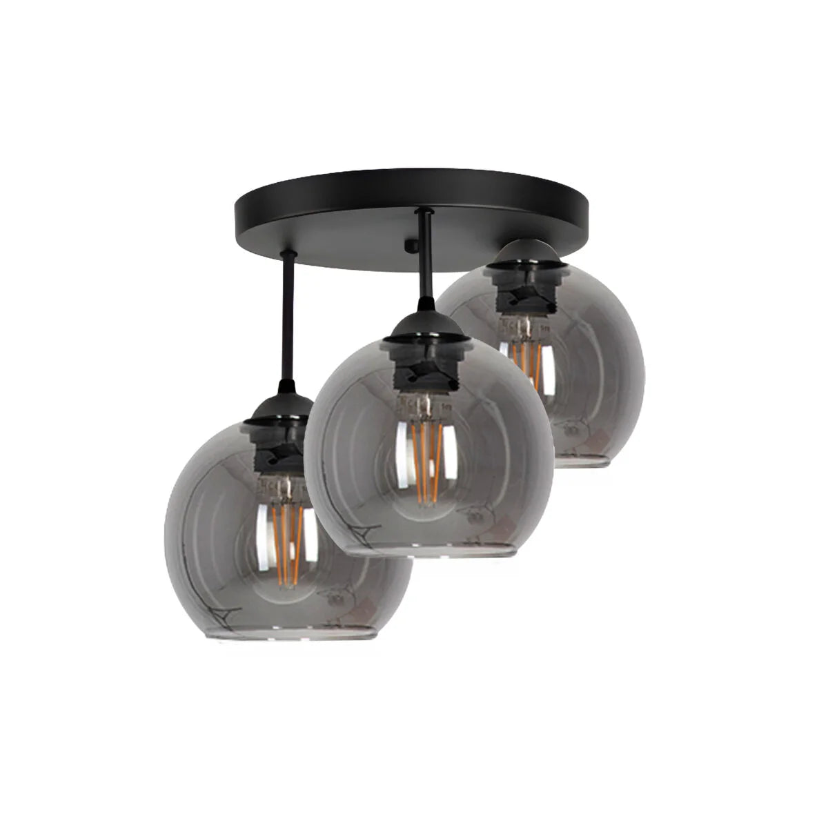 Plafondlamp industrieel zwart met smoke glazen kappen