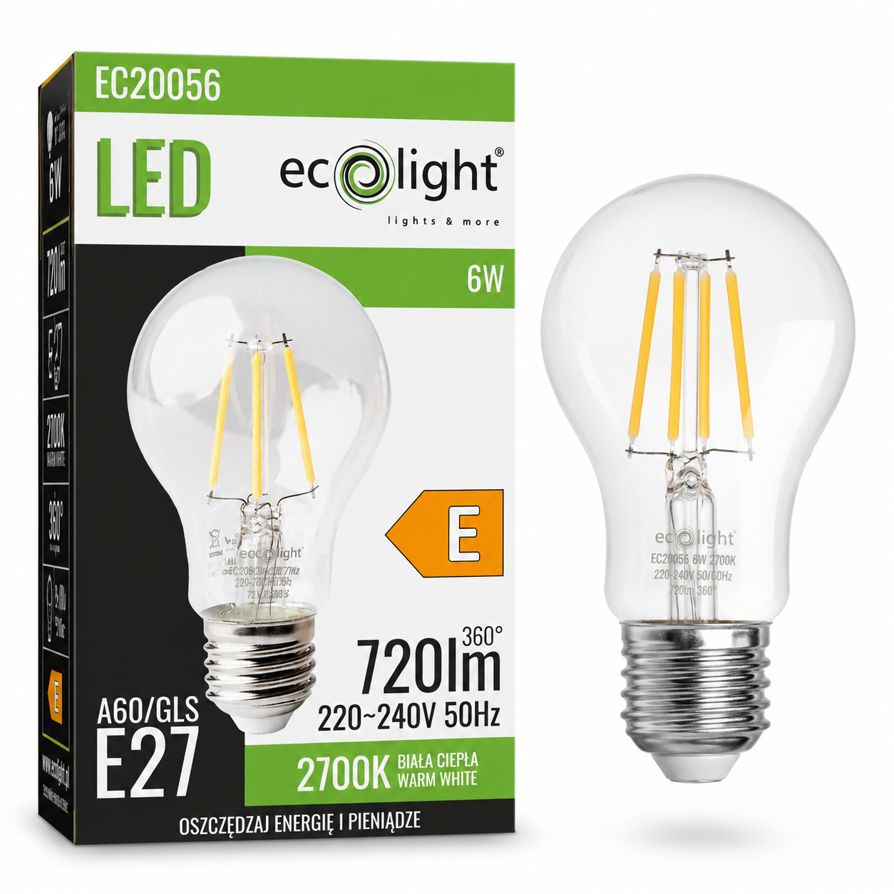 LED-pære E27 6 Watt 3000K Varm Hvid Transparent 