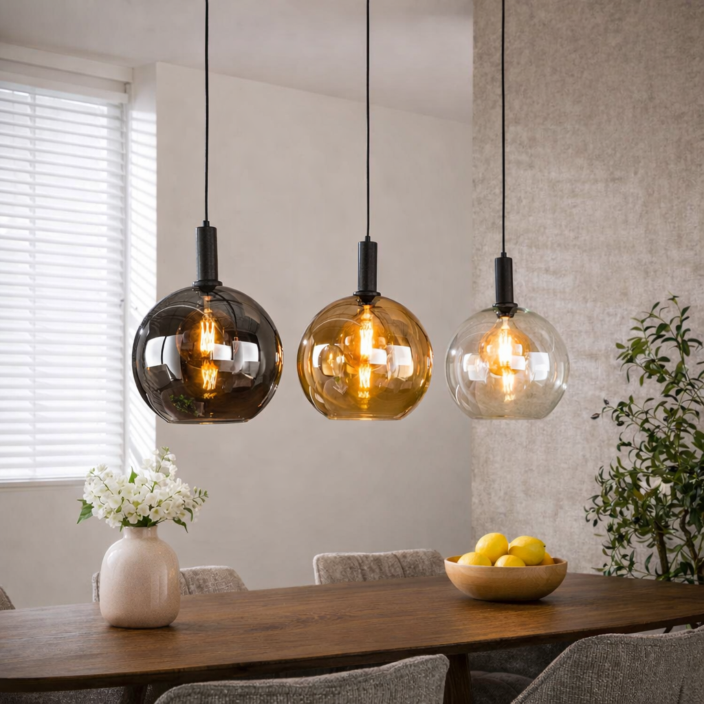 hanglamp glazen bollen boven eettafel
