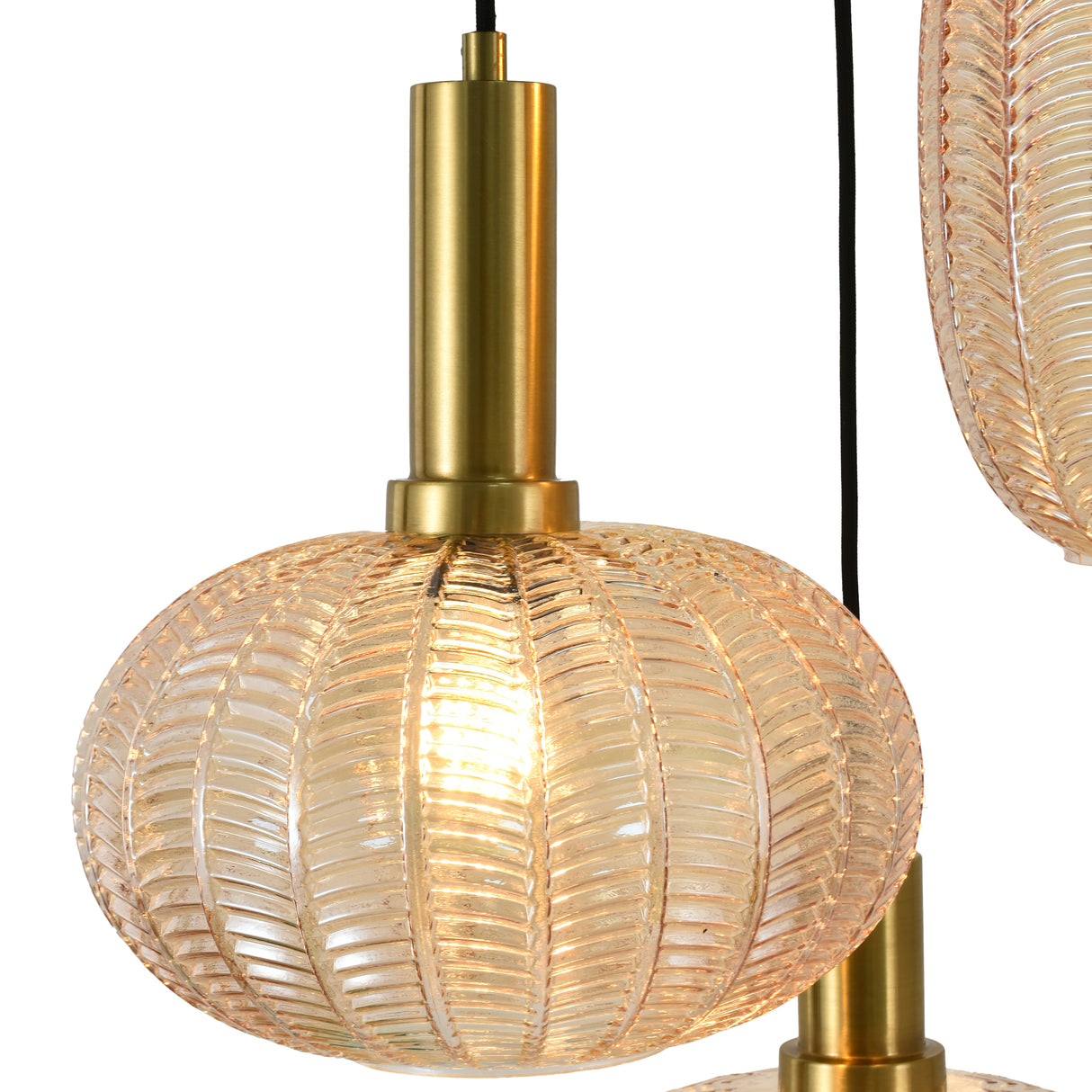 Pendellampe Sort med Messing og Ravfarvet Glas – 3 Lyskilder - Liva