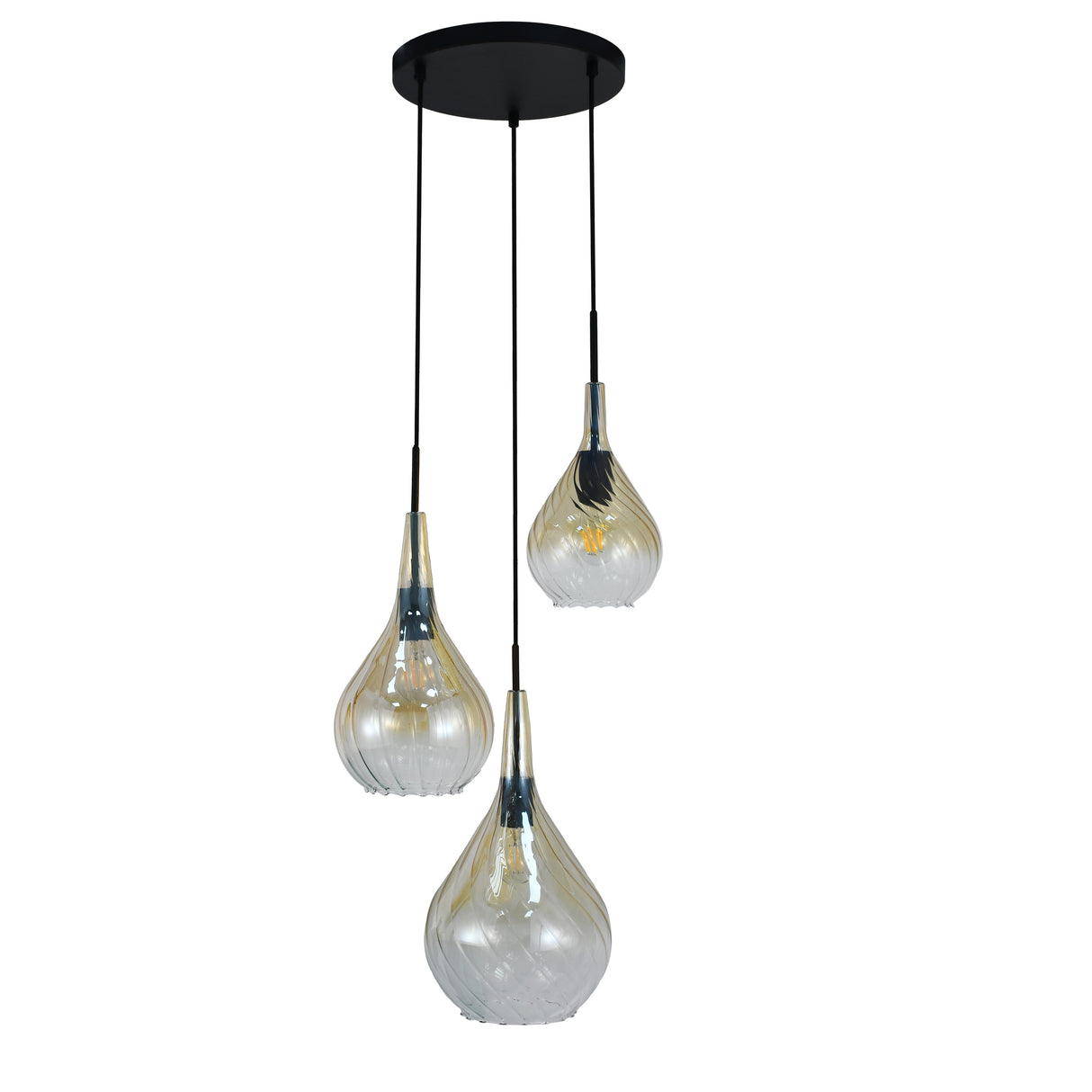 Pendellampe Sort - Ravfarvet Glas - 3 Lys - Joyce