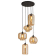 Moderne 5-lichts hanglamp met amber glazen kappen in verschillende vormen en een zwart rond armatuur. Ideaal voor woonkamer, hal of boven de eettafel.