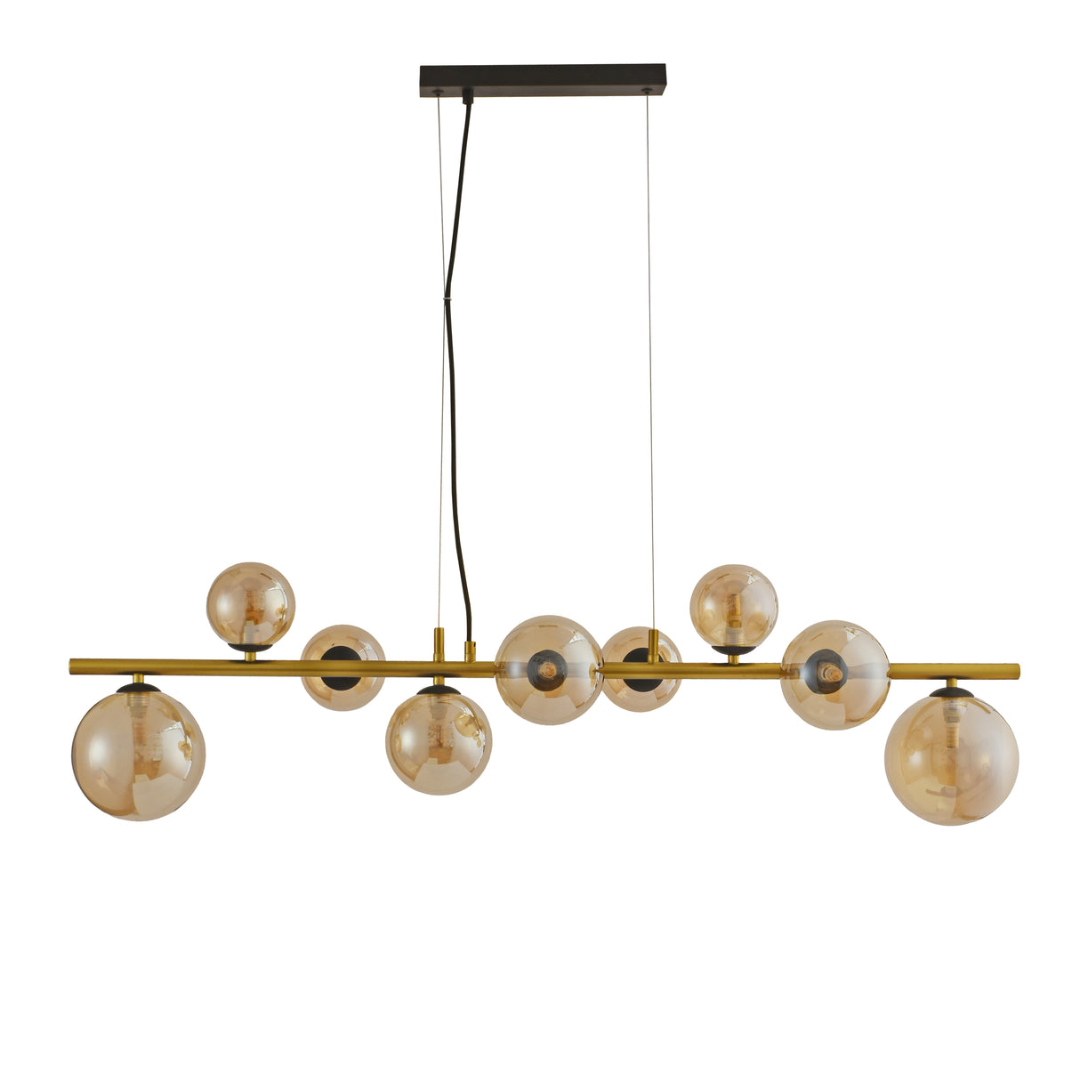 Gouden hanglamp met amber glazen bollen – 9-lichts hanglamp met lange plafondplaat