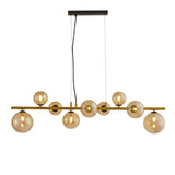 Gouden hanglamp met amber glazen bollen – 9-lichts hanglamp met lange plafondplaat