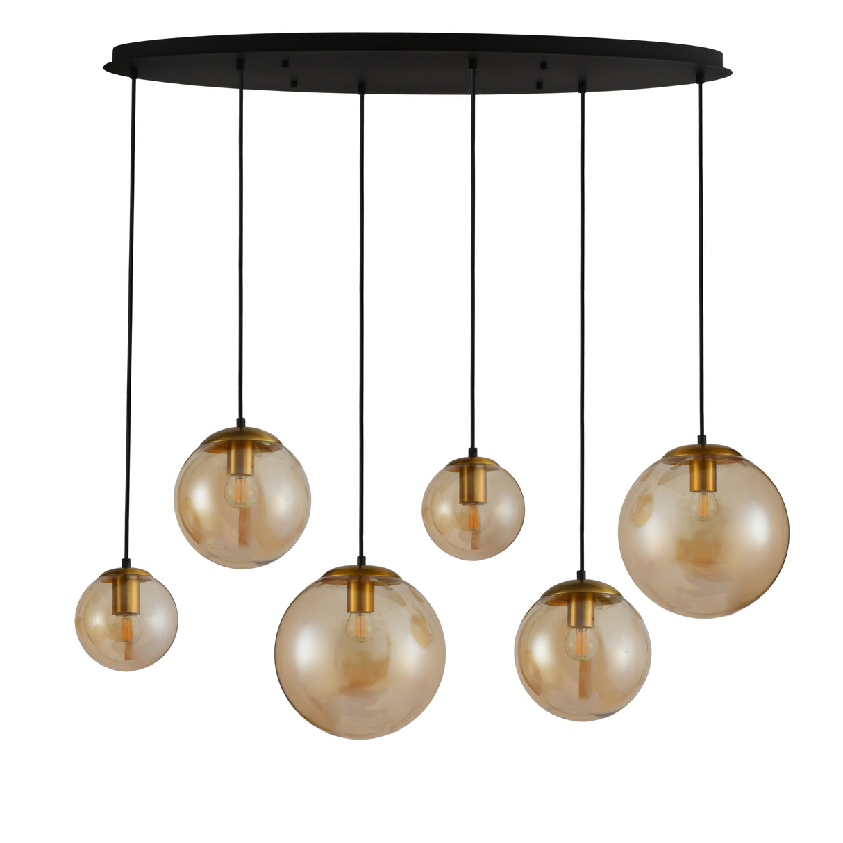 Hanglamp zwart met amberglas ovaal 6-lichts - Sterre