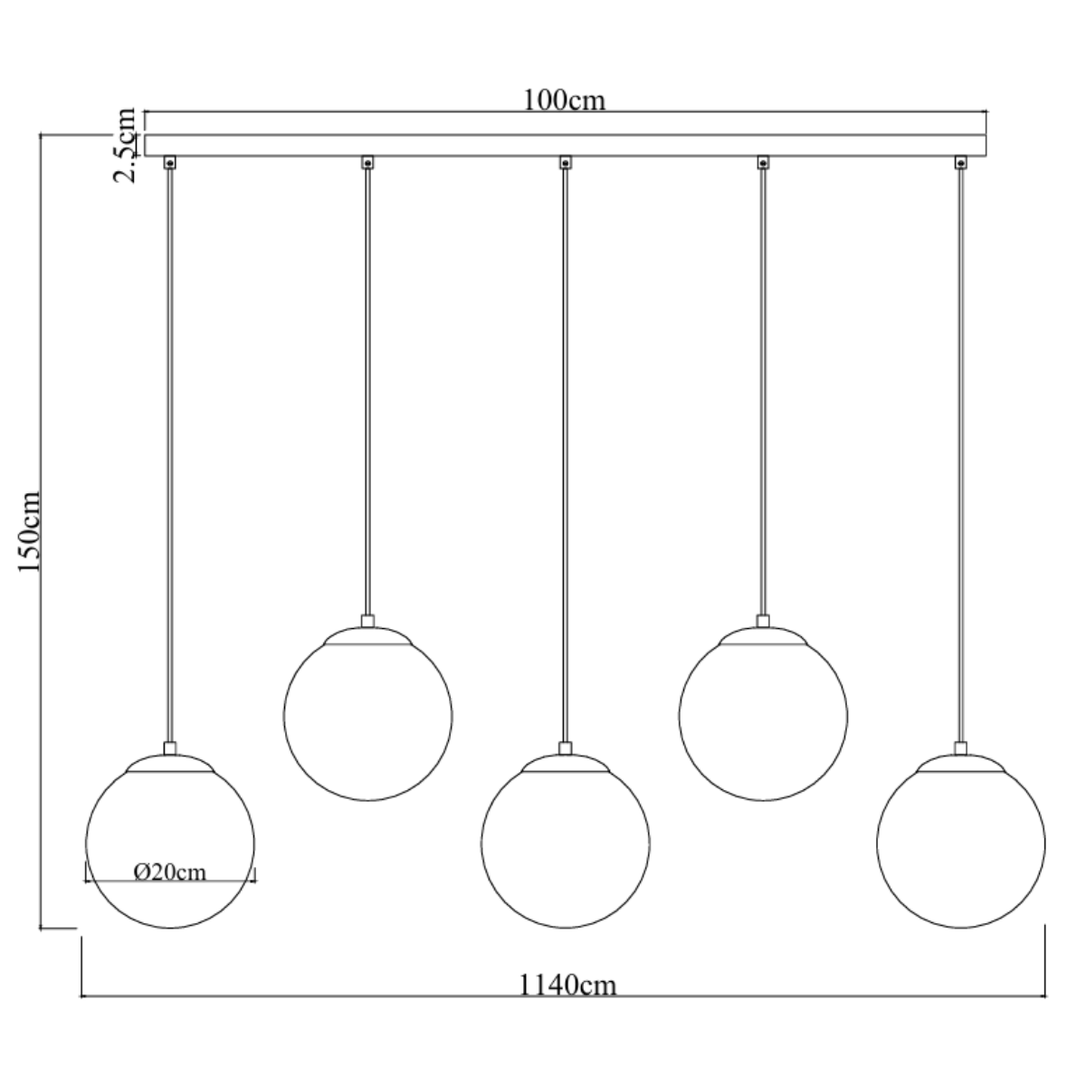 Noor pendellampe - 5 farvede kugler med sort/messing