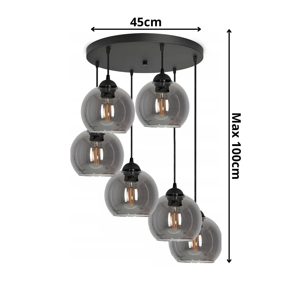 Hanglamp glas amber met 6 smoke bollen boven eetkamer