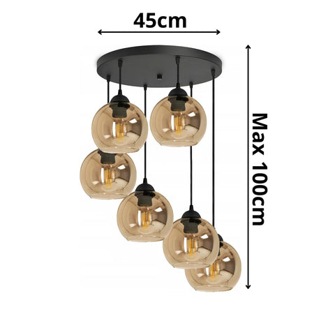 amber hanglamp met 6 glazen bollen voor eetkamer of hal