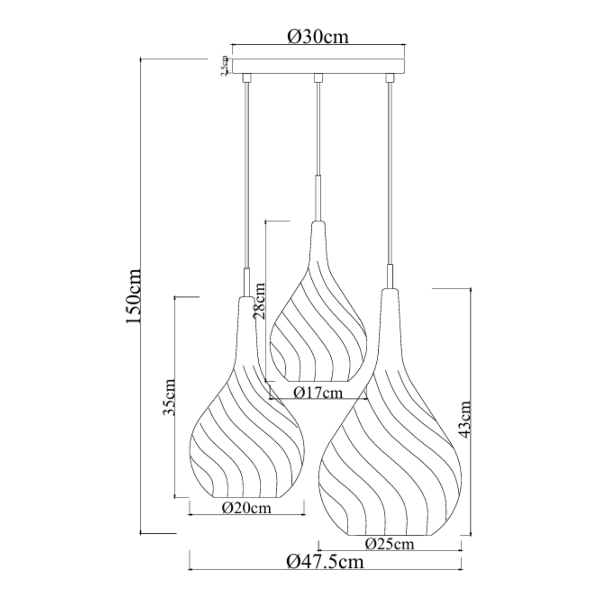 Pendellampe Sort - Ravfarvet Glas - 3 Lys - Joyce