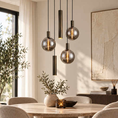 Lunaro 5-lichts Hanglamp – Donker Antiek Brons met Smokeglas – Inclusief Lichtbronnen