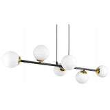 hanglamp 6 lampen witte bol zwart goud boven eettafel