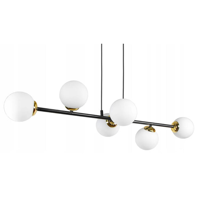 hanglamp 6 lampen witte bol zwart goud boven eettafel