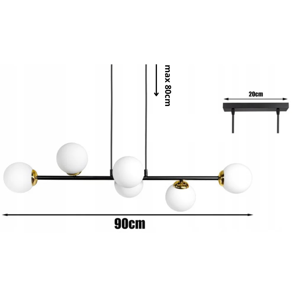 hanglamp 6 lampen witte bol zwart goud boven eettafel