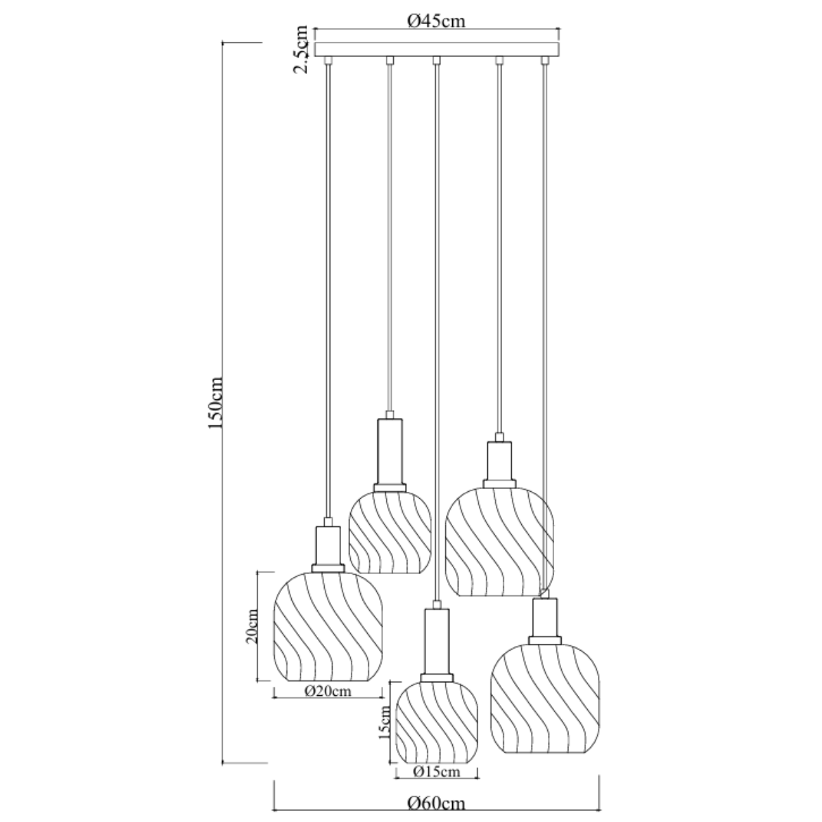 Pendellampe Sort med Messing og Ravfarvet Glas – 5 Lys - Noah