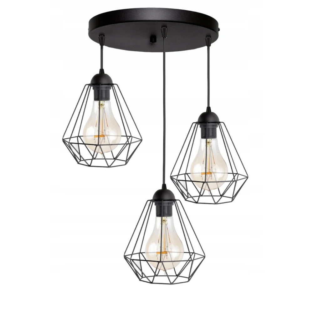 Hanglamp industrieel zwart met 3 draadkappen boven tafel