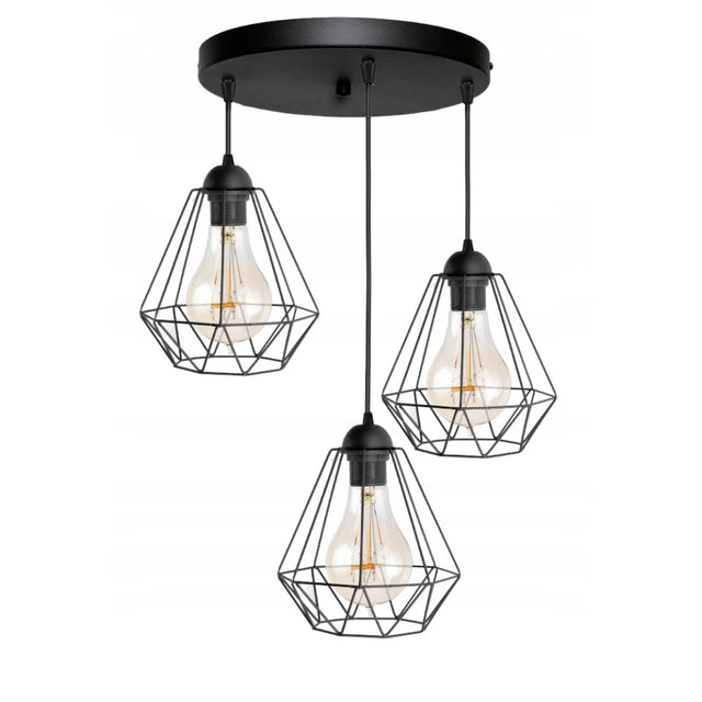 Hanglamp industrieel zwart met 3 draadkappen boven tafel